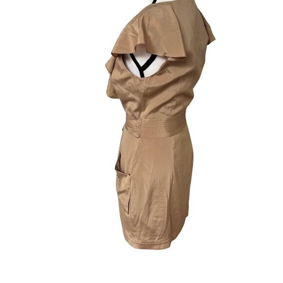 Y2K BEBE SILK RUFFLE TIE KHAKI TAN ZIP UP DRESS SMALL - Picture 5 of 7